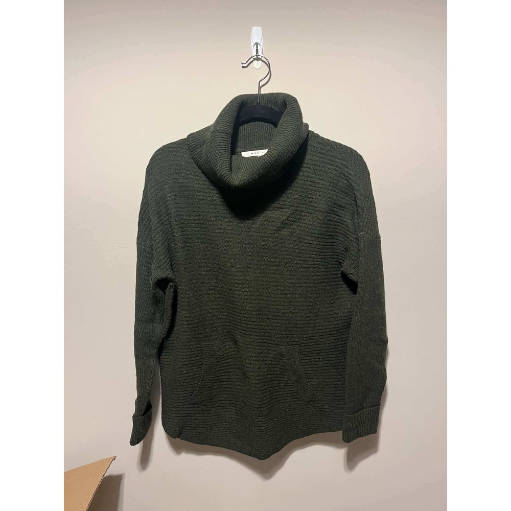 Max Studio Womens Olive Green Ribbed Cowl Neck Kangaroo Pocket Sweater Size M